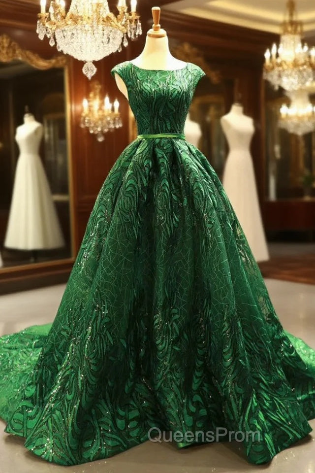 Green Ball Gown Lace Sequins Backless Cap Sleeve Evening Prom Dress Main image