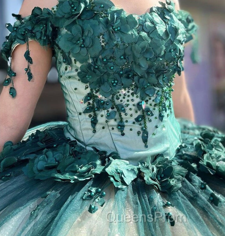 Green Ball Gown Off Shoulder 3D Flowers Beads Applique Quinceanera Dress Secondary image