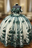 Green Ball Gown Off Shoulder 3D Flowers Beads Applique Quinceanera Dress