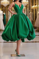 Green Ball Gown Satin Short Evening Prom Dress, Green Satin Evening Dress