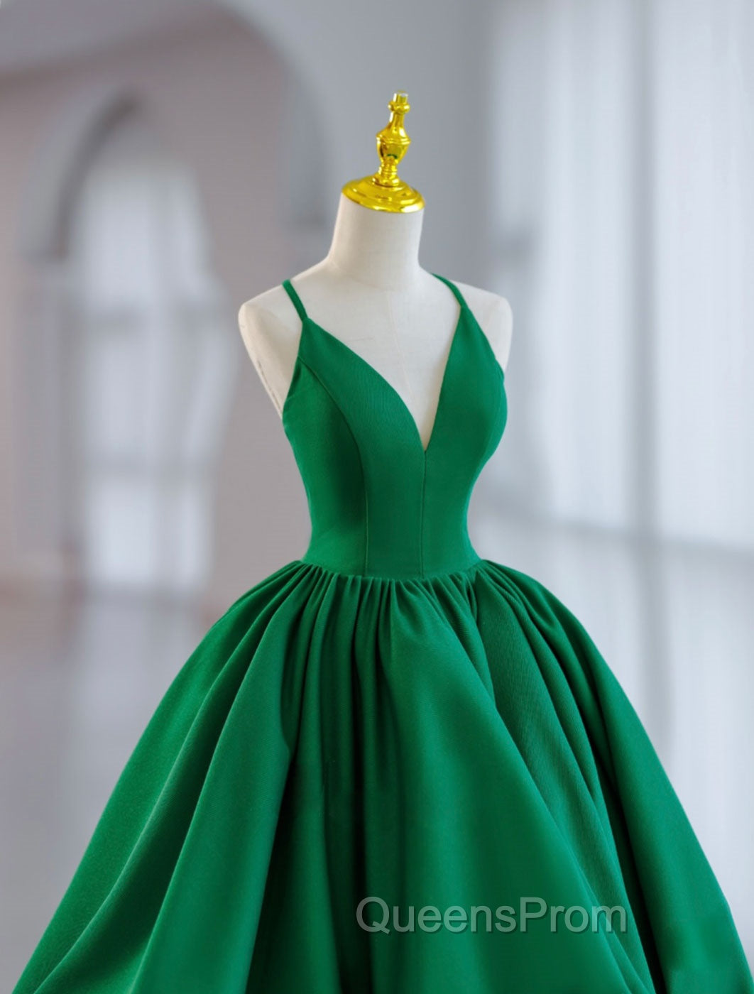 Green Ball Gown Satin Short Evening Prom Dress, Green Satin Evening Dress Secondary image