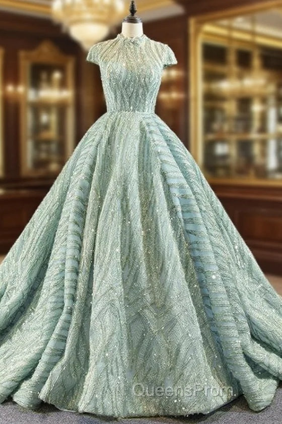 Green Ball Gown Sequins Cap Sleeve Backless Luxury Evening Prom Dress Main image