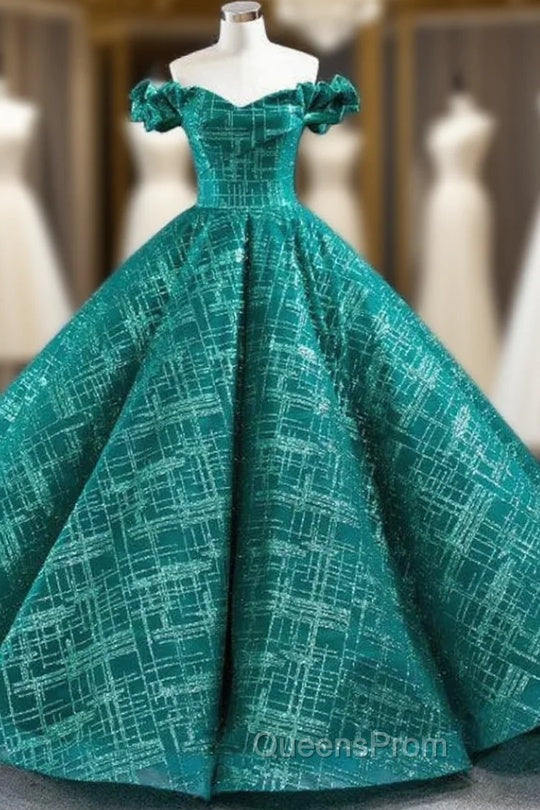 Green Ball Gown Sequins Off the Shoulder Floor Length Evening Prom Dress Main image