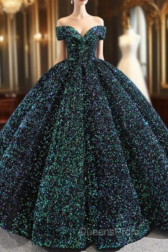 Green Ball Gown Sequins Off the Shoulder Luxury Evening Prom Dress Main image