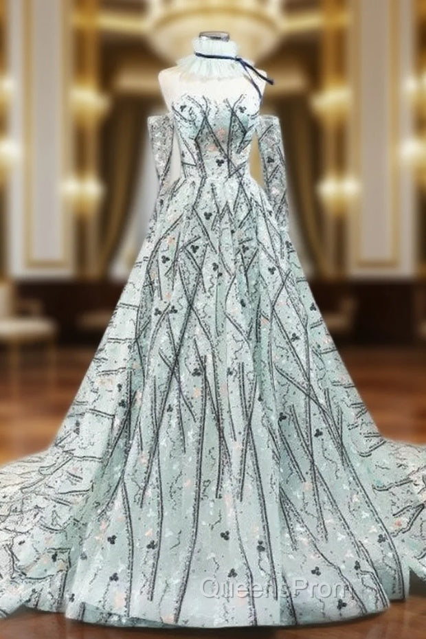 Green Ball Gown Sequins Sweetheart Long Sleeve Embroidery Evening Prom Dress