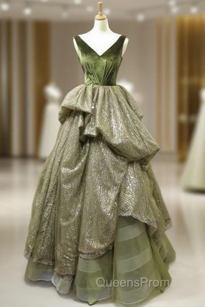 Green Ball Gown Sequins V-neck Backless Luxury Evening Prom Dress