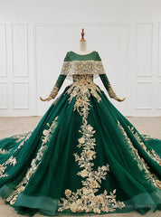 Green Ball Gown Tulle Appliques Beading Sequins Wedding Dress