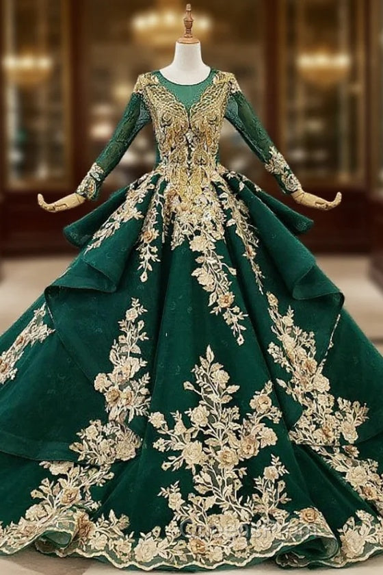 Green Ball Gown Tulle Appliques Long Sleeve Backless Beading Wedding Dress Main image
