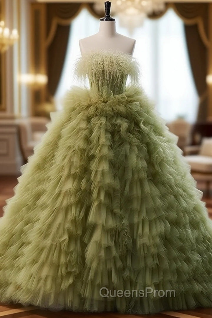 Green Ball Gown Tulle Feather Tiers Princess Dress Main image