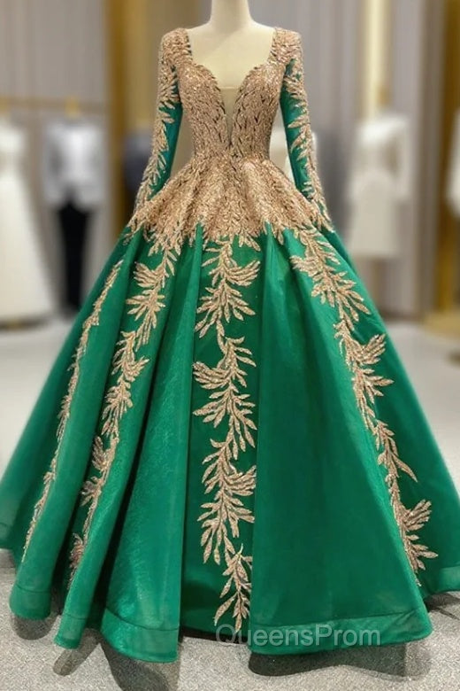 Green Ball Gown Tulle Gold Sequins Appliques V-neck Evening Prom Dress