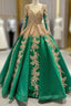 Green Ball Gown Tulle Gold Sequins Appliques V-neck Evening Prom Dress