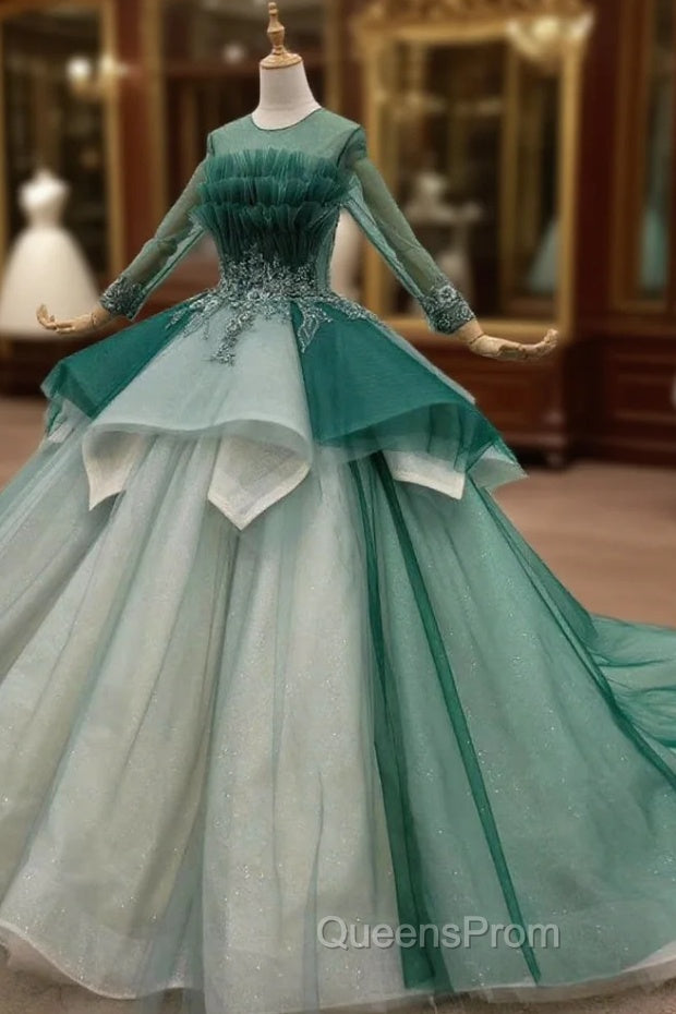 Green Ball Gown Tulle Long Sleeve Beading Wedding Dress Main image