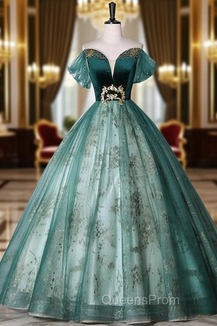 Green Ball Gown Tulle Off Shoulder Sweet 16 Dress Green Evening Dress Evening Prom Dress shops Main image