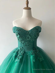 Green Ball Gown Tulle Off Shoulder with Lace Applique, Green Sweet 16 Dress Party Dress