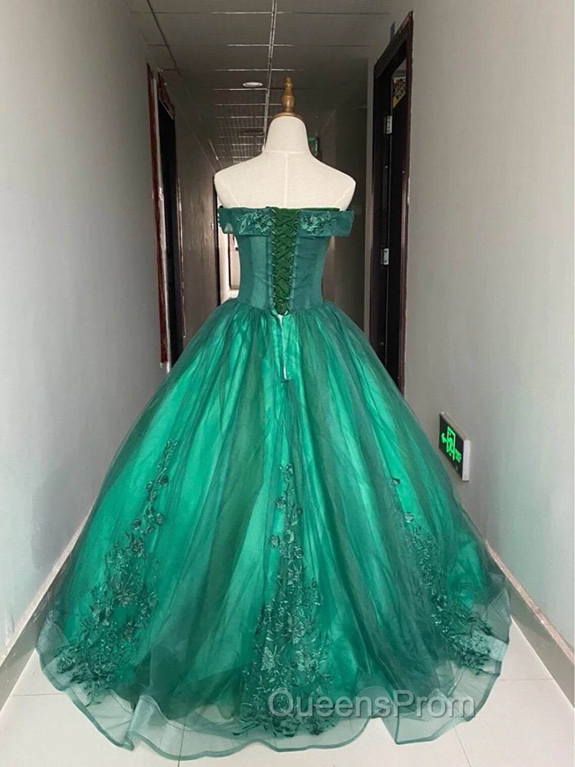 Green Ball Gown Tulle Off Shoulder with Lace Applique, Green Sweet 16 Dress Party Dress