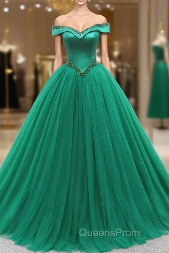 Green Ball Gown Tulle Off the Shoulder Beading Evening Prom Dress Main image