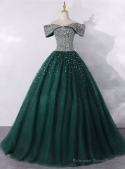Green Ball Gown Tulle Off the Shoulder Beading Quinceanera Dress