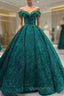 Green Ball Gown Tulle Sequins Appliques Evening Prom Dress