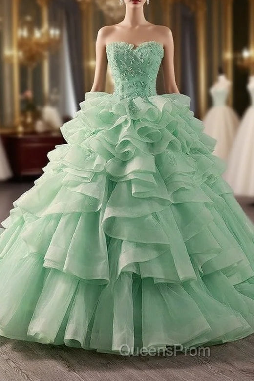 Green Ball Gown Tulle Strapless Tiers Evening Prom Dress Main image