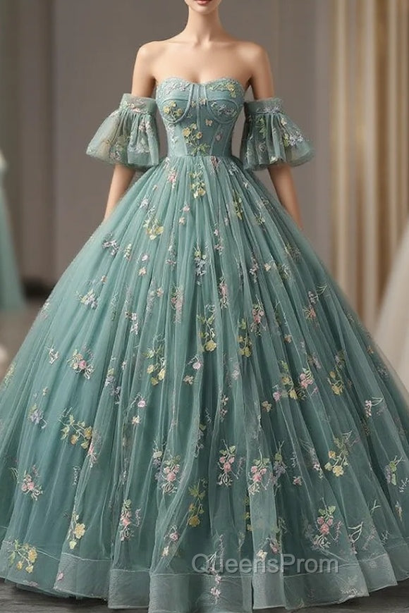 Green Ball Gown Tulle Straps Appliques Quinceanera Dress Main image