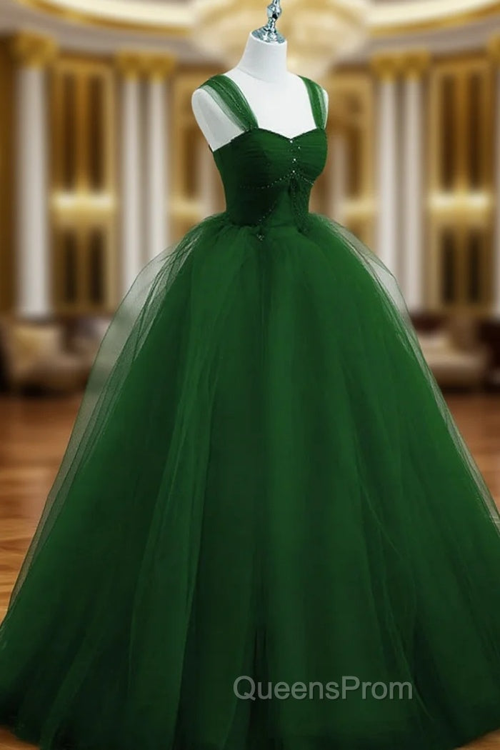Green Beaded Tulle Off Shoulder Long Party Dress, Green Tulle A-line Evening Prom Dress