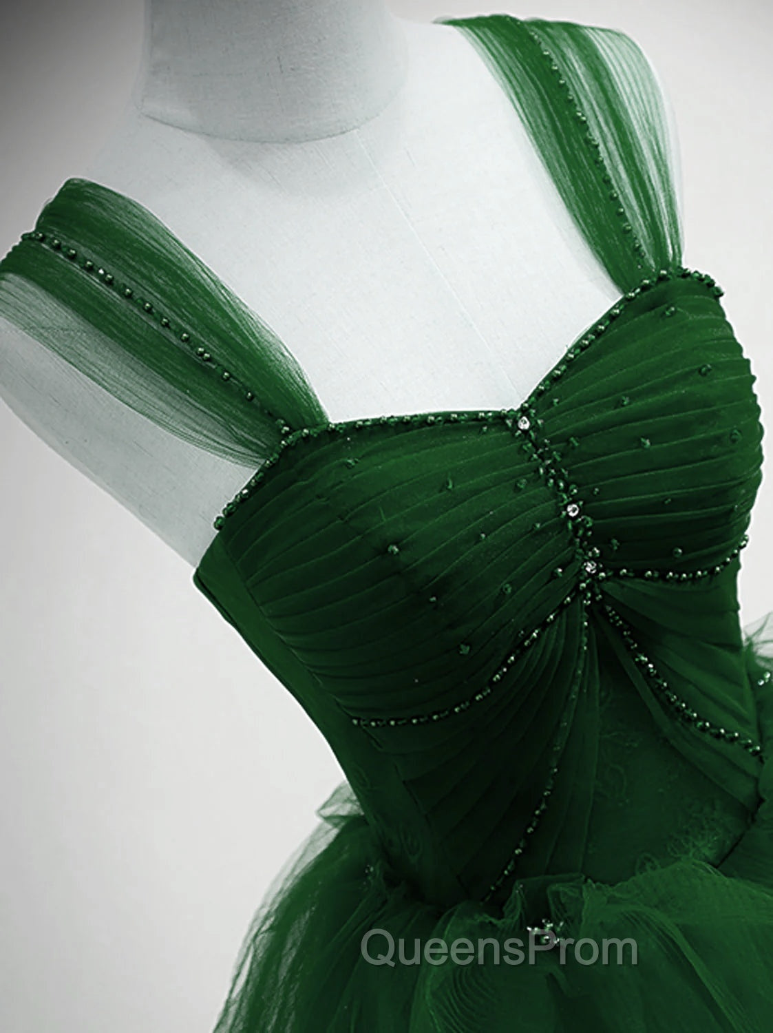 Green Beaded Tulle Off Shoulder Long Party Dress, Green Tulle A-line Evening Prom Dress