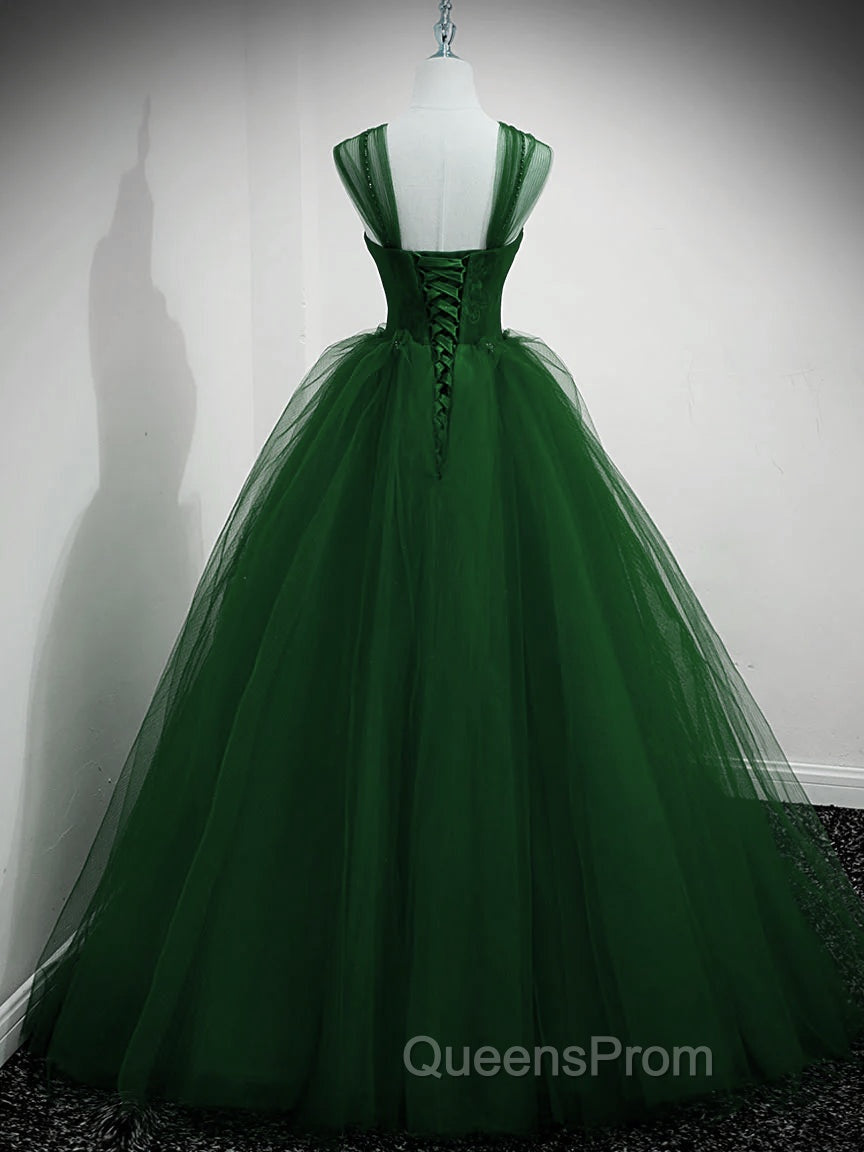 Green Beaded Tulle Off Shoulder Long Party Dress, Green Tulle A-line Evening Prom Dress