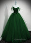 Green Beaded Tulle Off Shoulder Long Party Dress, Green Tulle A-line Evening Prom Dress