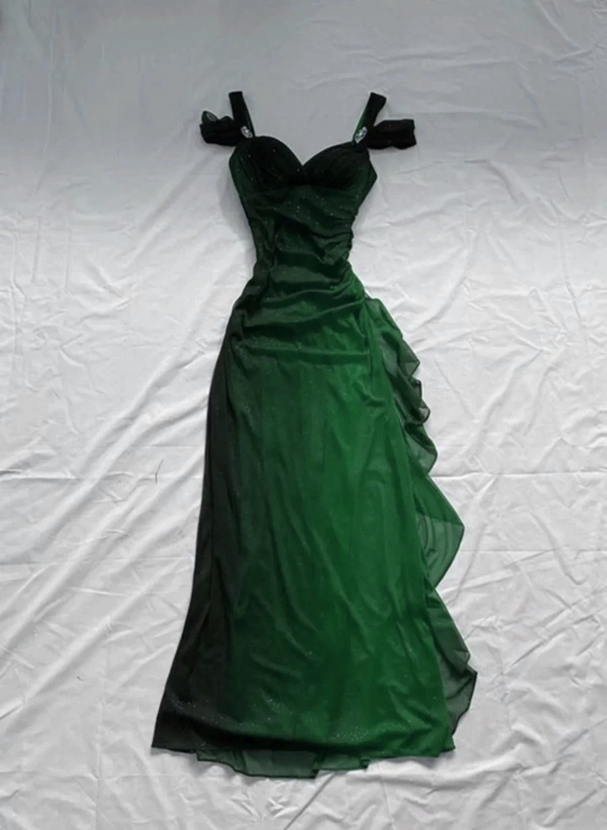 Green Chiffon Long Party Dress Classy Prom Dress, Off Shoulder Green Party Dress Main image