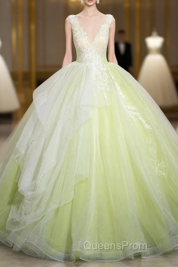 Green Deep V-neck Lace Quinceanera Dress