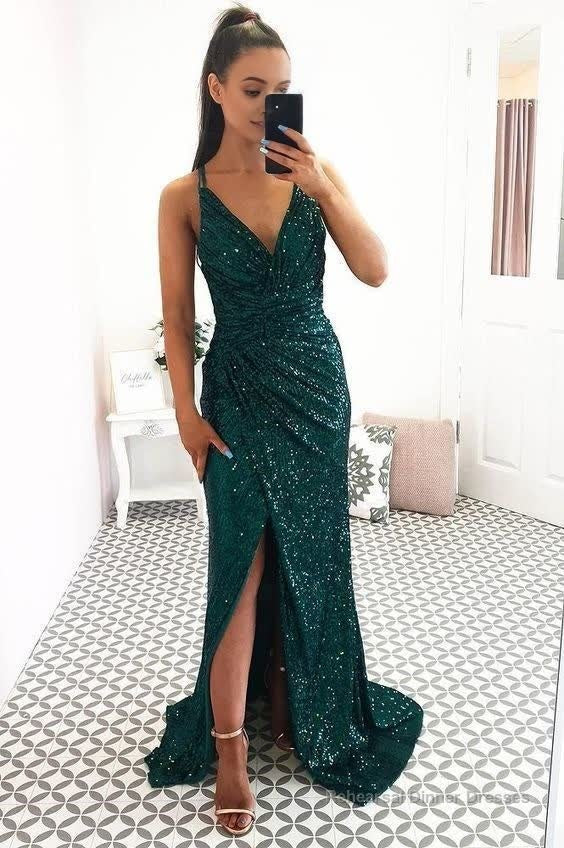 Green Fitted V Neck Prom Dress For Girl Sequin Backless Formal Gown Side Slit Main image