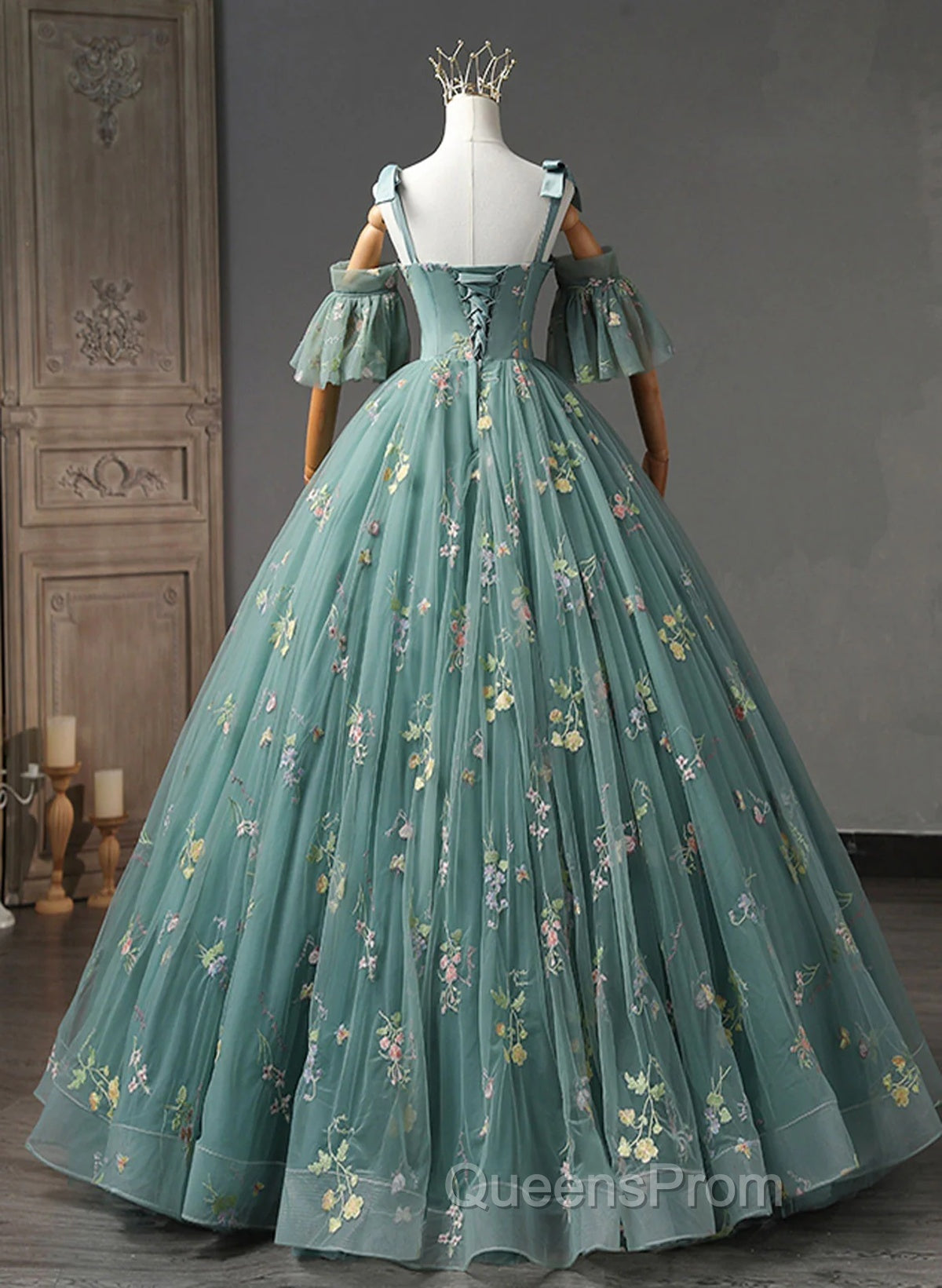 Green Floral Straps Sweetheart Long Party Dress, Green Sweet 16 Dress Secondary image