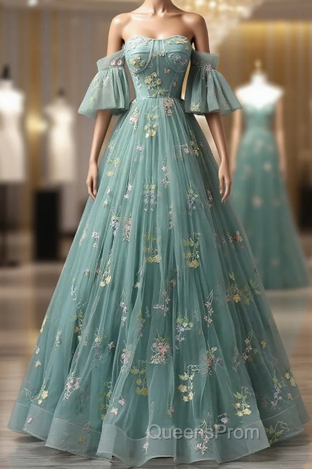 Green Floral Straps Sweetheart Long Party Dress, Green Sweet 16 Dress