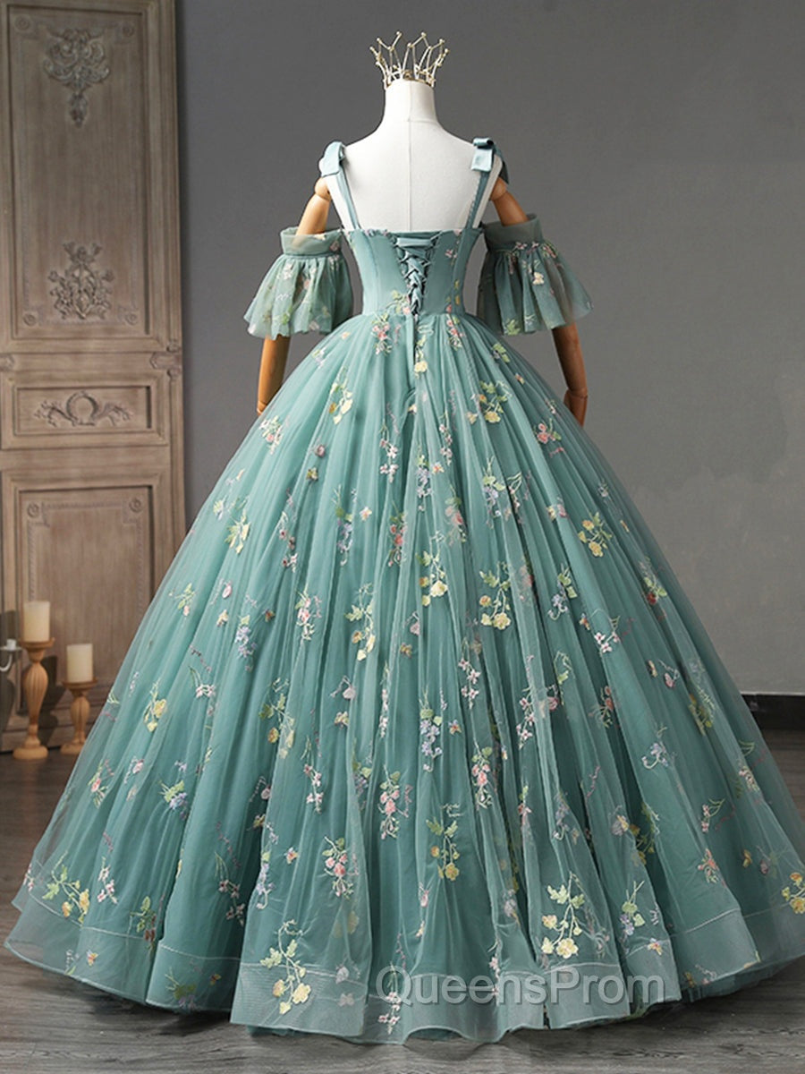 Green Floral Tulle Long Evening Prom Dress Cute Off Shoulder Evening Party Dress Beautiful Secondary image