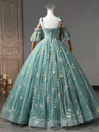 Green Floral Tulle Long Evening Prom Dress Cute Off Shoulder Evening Party Dress Beautiful