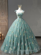 Green Floral Tulle Long Evening Prom Dress Cute Off Shoulder Evening Party Dress Beautiful