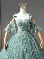 Green Floral Tulle Long Evening Prom Dress Cute Off Shoulder Evening Party Dress Beautiful