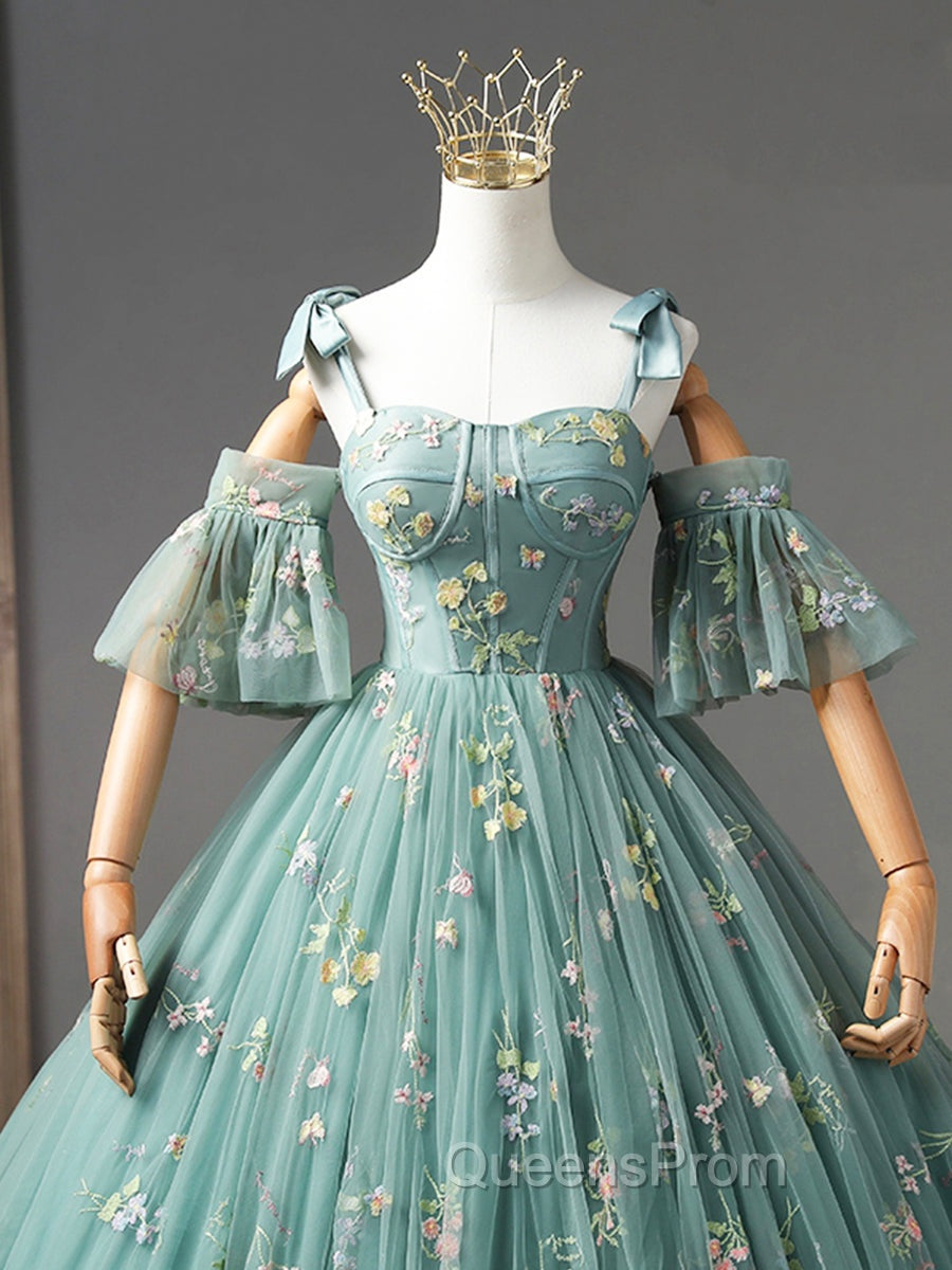 Green Floral Tulle Long Evening Prom Dress Cute Off Shoulder Evening Party Dress Beautiful