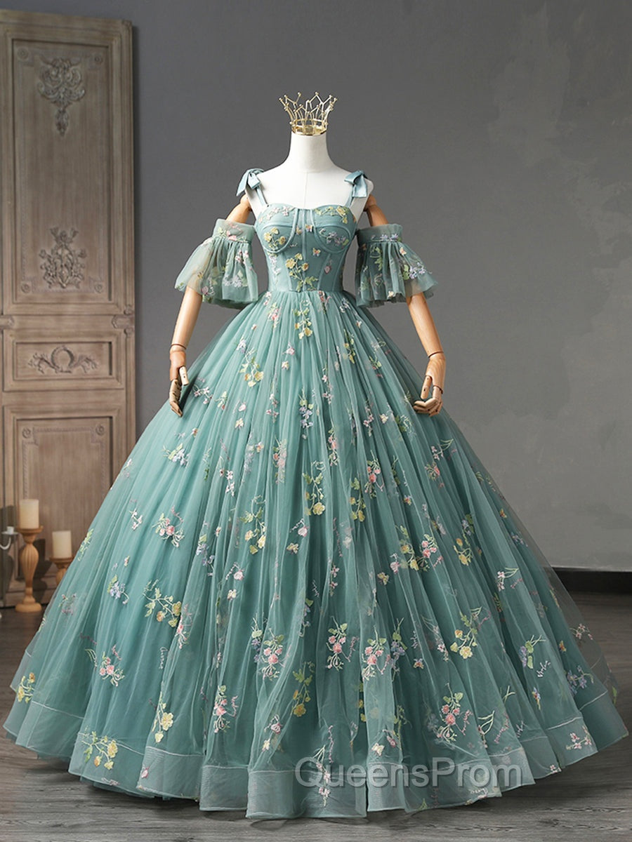 Green Floral Tulle Long Evening Prom Dress Cute Off Shoulder Evening Party Dress Beautiful