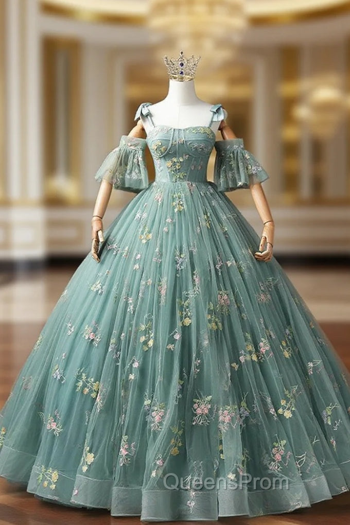 Green Floral Tulle Long Evening Prom Dress Cute Off Shoulder Evening Party Dress Beautiful