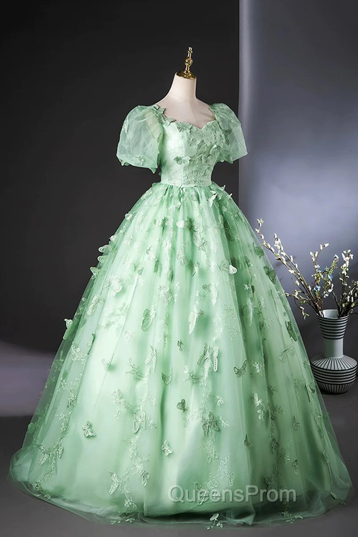 Green Flower Lace Long Evening Prom Dress with Sleeves, Green Evening Dress Secondary image