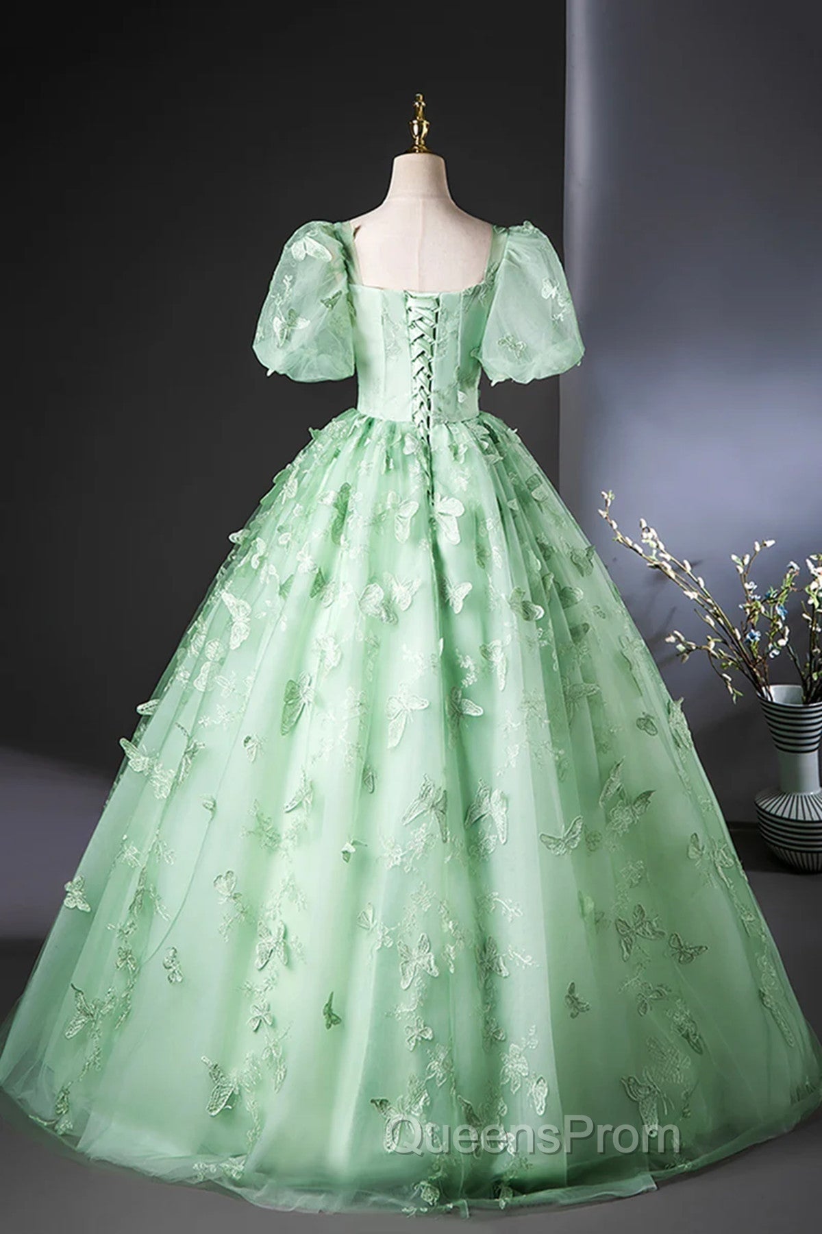 Green Flower Lace Long Evening Prom Dress with Sleeves, Green Evening Dress