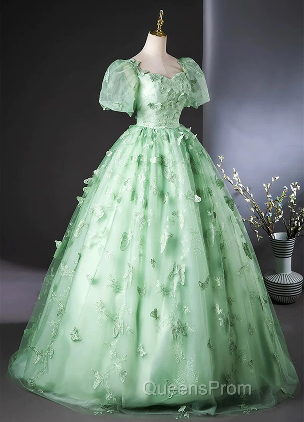 Green Flower Lace Long Evening Prom Dress with Sleeves, Green Evening Dress
