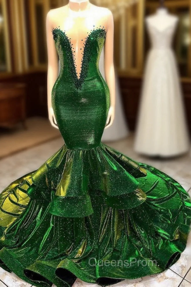 Green Gorgeous Ruffles Mermaid Evening Prom Dress Chic Sweetheart Appliques Long Evening Dress Main image