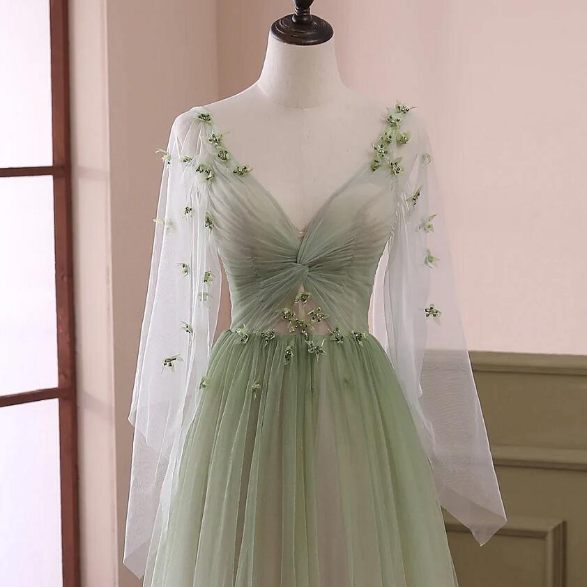 Green Gradient Puffy Sleeves Long Party Dress, A-Line Beaded Classy Prom Dress Secondary image