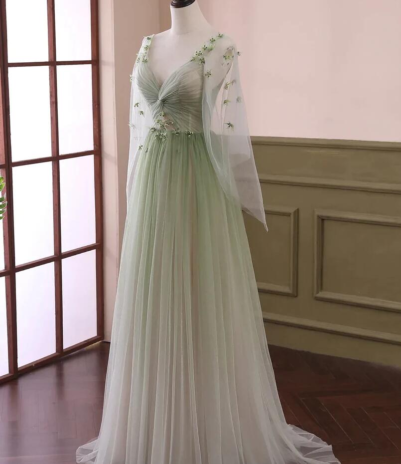 Green Gradient Puffy Sleeves Long Party Dress, A-Line Beaded Classy Prom Dress