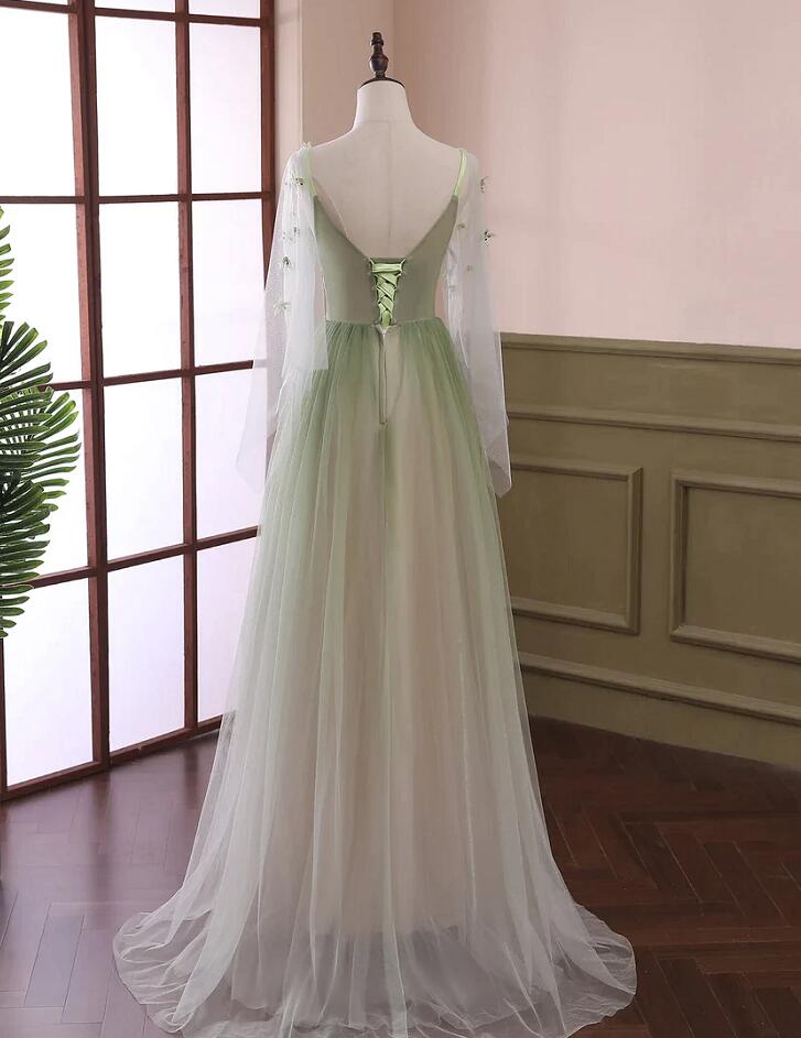 Green Gradient Puffy Sleeves Long Party Dress, A-Line Beaded Classy Prom Dress