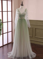 Green Gradient Puffy Sleeves Long Party Dress, A-Line Beaded Classy Prom Dress