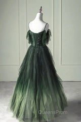 Green Gradient Tulle A-Line Long Formal Dress, Green Beaded Straps Party Dress Evening Prom Dress