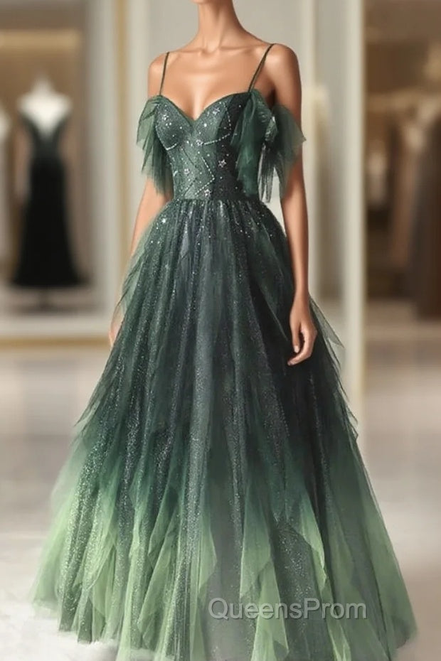 Green Gradient Tulle A-Line Long Formal Dress, Green Beaded Straps Party Dress Evening Prom Dress Main image